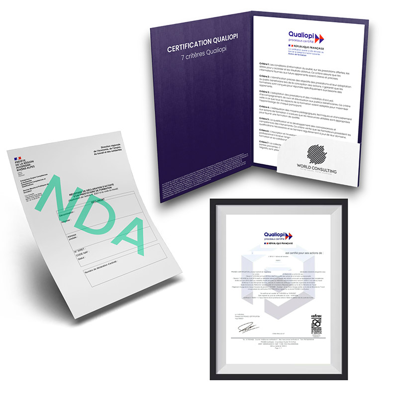 Pochette comprenant les documents indispensables à la Certification Qualiopi + Récépissé de déclaration d'activité d'un prestataire de formation (NDA) + Certification Qualiopi.