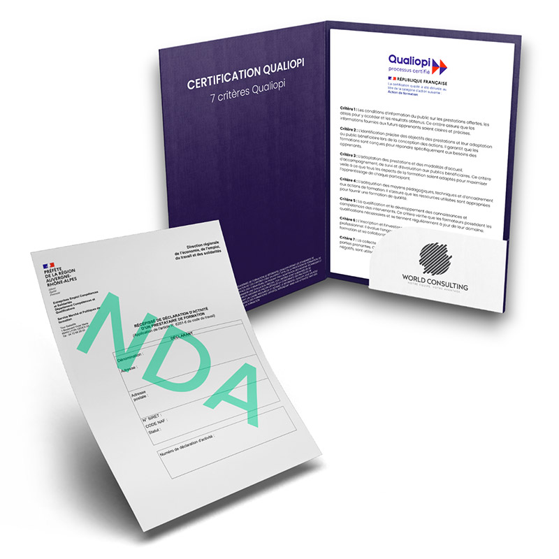 Pochette comprenant les documents indispensables à la Certification Qualiopi + Récépissé de déclaration d'activité d'un prestataire de formation (NDA).